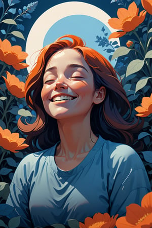 Generate a cinematic image of high quality, extreme detail, ultra definition, extreme realism, high quality lighting, 16k UHD, a vector illustration of a woman at peace waking up smiling shades of blue and orange for a meditation but lofi style app in the style of Keith Negley, Mike Mignola, Jon Klassen. with flowers and abstract elements around