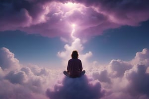 It generates a high-quality cinematic image, extreme details, ultra definition, extreme realism, high-quality lighting, 16k UHD, a person sitting hippie-style coming out of a violet cloud in the sky, as if suspended in the air, listening to music and staring at nothingness