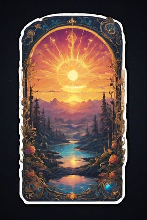 Create a tarot card that has a sunset,sticker,ZilleAI,MaskGO24K,ULTIMATE LOGO MAKER [XL]