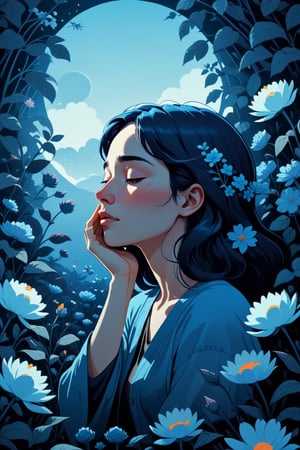 Generate a cinematic image of high quality, extreme detail, ultra definition, extreme realism, high quality lighting, 16k UHD, a vector illustration of a woman at peace with a hand on her face as if resting in blue tones for a meditation application, lofi style in the style of Keith Negley, Mike Mignola, Jon Klassen. with flowers and abstract elements around
