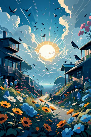 Generate a high quality cinematic image, extreme detail, ultra definition, extreme realism, high quality lighting, 16k UHD, a vector illustration of an image with abstract objects, day, sunshine clouds, birds, and flowers all abstract in blue tones in the style of Keith Negley, Mike Mignola, Jon Klassen.