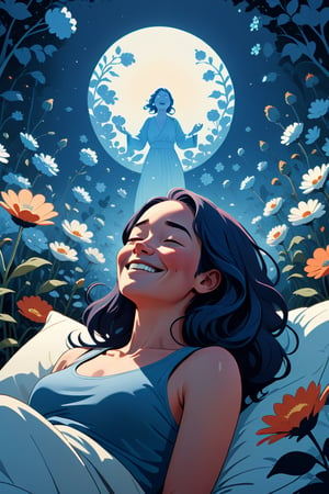 Generate a cinematic image of high quality, extreme detail, ultra definition, extreme realism, high quality lighting, 16k UHD, a vector illustration of a woman at peace waking up smiling blue tones for a meditation application but that is daytime, lofi style in the style of Keith Negley, Mike Mignola, Jon Klassen. with flowers and abstract elements around