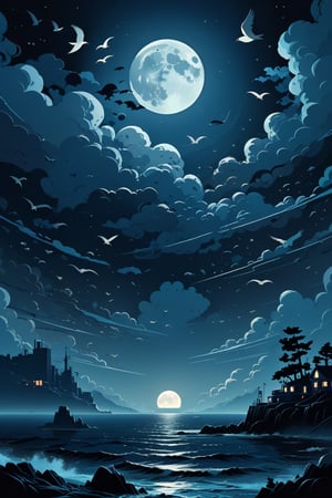 Generate a high quality cinematic image, extreme detail, ultra definition, extreme realism, high quality lighting, 16k UHD, a vector illustration of an image with abstract objects, night, moon clouds, birds, and ocean all abstract in blue tones in the style of Keith Negley, Mike Mignola, Jon Klassen.