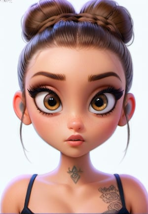 It generates a high-quality drawing image, extreme details, ultra definition, extreme realism, high-quality lighting, 16k UHD, a teenage girl with tattoos, big eyes with big eyelashes, her eye color is brown, she wears her hair tied up with a bun and looks like a bratz doll,cartoon ,disney pixar style