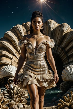 It generates a high-quality cinematic image, extreme details, ultra definition, extreme realism, high-quality lighting, 16k UHD, a black woman who is in a dark environment but her skin stands out and her features. She's got a dress full of glitter and seashells,xuer Large shell,ruanyi0263,voldress,S1LV3RFL4K3