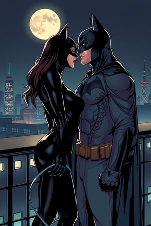 Highly detailed 16K UHD comic book illustration of Catwoman (Selina Kyle) and Batman (Bruce Wayne) standing on a Gotham City rooftop at night. They face each other, locked in an intense, romantic gaze, with palpable love and tension. Catwoman in her sleek black leather catsuit, mask on, exudes confidence and tenderness. Batman, in his iconic dark suit and cape, stands strong and protective. Moonlight softly illuminates their faces, contrasting with the distant Gotham skyline and glowing city lights. The rooftop is dimly lit, their silhouettes dramatic against the night sky. Art style influenced by Clay Mann and Jim Lee, featuring strong, clean lines, expressive body language, and dynamic, atmospheric lighting. Mood a mix of romance and mystery, with an epic, cinematic feel.