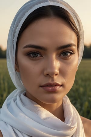 He creates a woman, like a masterpiece, """hyper realistic""", her features are perfect, her face is perfect,with very human texture and features big brown eyes with big eyelashes, small and perfect nose, big and full lips, her skin looks like porcelain, she has no flaws. She has a white transparent cloth scarf, with texture on her head and that covers part of her face, but shows her features, she has a fixed and penetrating gaze That you can see half of your body and your leather and face. ((it's in an outdoor environment like a field and it's getting dark)Dim light,REALISTIC,more saturation ,Masterpiece