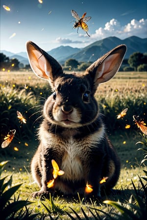 It generates a high-quality cinematic image, extreme details, ultra definition, extreme realism, high-quality lighting, 16k UHD, a baby rabbit war but with a full realistic crazy evil face in the middle of a field,firefliesfireflies