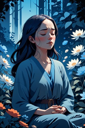 Generate a high-quality cinematic image, extreme detail, ultra definition, extreme realism, high-quality lighting, 16k UHD, a vector illustration of a woman at peace in blue tones for a meditation app, lofi style in the style of Keith Negley, Mike Mignola, Jon Klassen. with flowers and abstract elements around