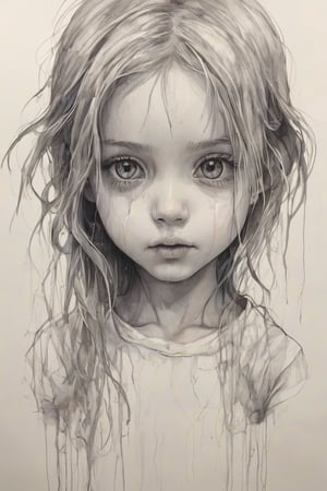 Create a white background with a penciled eye with thick, dark lines and your pupil is kind of melting,Drawing of a little girl 