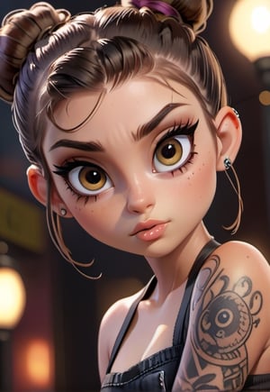 It generates a high-quality drawing image, extreme details, ultra definition, extreme realism, high-quality lighting, 16k UHD, a teenage girl with tattoos, big eyes with big eyelashes, her eye color is brown, she wears her hair tied up with a bun and looks like a bratz doll
