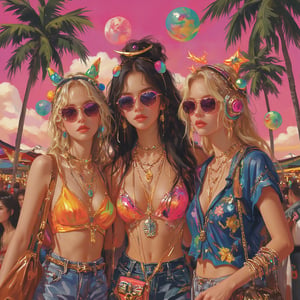 Create an illustration in a vibrant, colorful style inspired by the bold, playful aesthetics of the 80s and 90s. The scene should depict three friends enjoying a music festival, dressed in colorful, eclectic outfits with neon hues and bold patterns. The background should feature tropical elements like palm trees and bright colors, adding a sense of fun and energy. Use a limited palette that matches Crewland's color scheme, blending bright pinks, purples, greens, and yellows for a cohesive look