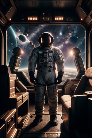 It generates a high-quality cinematic image, extreme details, ultra definition, extreme realism, high-quality lighting, 16k UHD, an astronaut in the middle of outer space with stars and planets completely full of brightness just like his suit,bing_astronaut,eotw_lora,Futuristic room
