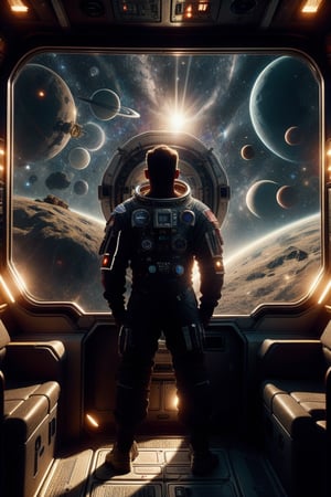 It generates a high-quality cinematic image, extreme details, ultra definition, extreme realism, high-quality lighting, 16k UHD, an astronaut in the middle of outer space with stars and planets completely full of brightness just like his suit, he is outside the ship in the middle of space floating
