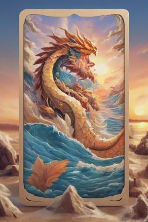 Create a tarot card that has a sunset,Delfino_Plaza,island,dragon,CardboardStyle,Leonardo Style