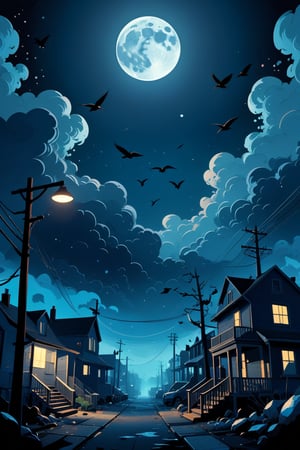 Generate a high quality cinematic image, extreme detail, ultra definition, extreme realism, high quality lighting, 16k UHD, a vector illustration of an image with abstract objects, night, moon clouds, birds, all abstract in blue tones in the style of Keith Negley, Mike Mignola, Jon Klassen.