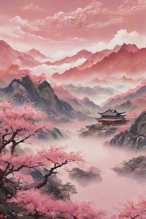 It creates a Chinese landscape, with mountains, lake, pink clouds in the sky, and a golden dragon among the clouds. Cherry trees on earth