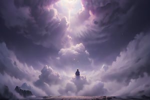 It generates a high-quality cinematic image, extreme details, ultra definition, extreme realism, high-quality lighting, 16k UHD, a person sitting hippie-style coming out of a violet cloud in the sky, as if suspended in the air, listening to music and looking at nothingness in profile