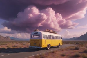 It generates a high-quality cinematic image, extreme details, ultra definition, extreme realism, high-quality lighting, 16k UHD, a yellow hippie-style bus coming out of a pink-violet cloud in the sky, as if suspended in the air