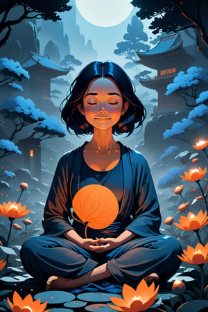 Generate a cinematic image of high quality, extreme detail, ultra definition, extreme realism, high quality lighting, 16k UHD, a vector illustration of a woman in zen mode, related to meditation and calm smiling blue and orange tones for a meditation application but lofi style in the style of Keith Negley, Mike Mignola, Jon Klassen. with flowers and abstract elements around