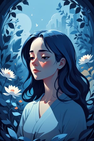 Generate a high-quality cinematic image, extreme detail, ultra definition, extreme realism, high-quality lighting, 16k UHD, a vector illustration of a woman at peace in blue tones for a meditation app, lofi style in the style of Keith Negley, Mike Mignola, Jon Klassen. with flowers and abstract elements around