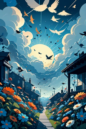 Generate a high quality cinematic image, extreme detail, ultra definition, extreme realism, high quality lighting, 16k UHD, a vector illustration of an image with abstract objects, day, sunshine clouds, birds, and flowers all abstract in blue tones in the style of Keith Negley, Mike Mignola, Jon Klassen.