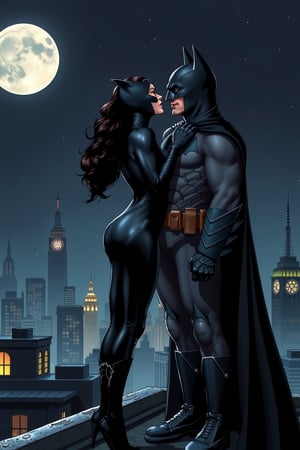 Highly detailed 16K UHD comic book illustration of Catwoman (Selina Kyle) and Batman (Bruce Wayne) standing on a Gotham City rooftop at night. They face each other, locked in an intense, romantic gaze, with palpable love and tension. Catwoman in her sleek black leather catsuit, mask on, exudes confidence and tenderness. Batman, in his iconic dark suit and cape, stands strong and protective. Moonlight softly illuminates their faces, contrasting with the distant Gotham skyline and glowing city lights. The rooftop is dimly lit, their silhouettes dramatic against the night sky. Art style influenced by Clay Mann and Jim Lee, featuring strong, clean lines, expressive body language, and dynamic, atmospheric lighting. Mood a mix of romance and mystery, with an epic, cinematic feel.