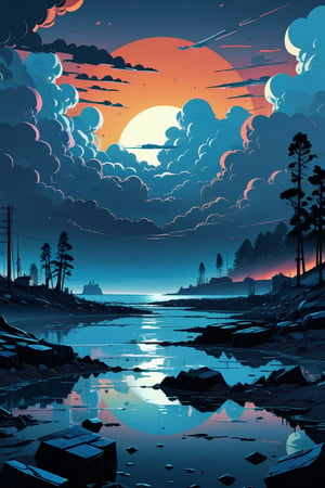 Generate a high quality cinematic image, extreme detail, ultra definition, extreme realism, high quality lighting, 16k UHD, a vector illustration of an image with abstract objects, sunset, clouds, all abstract in blue tones in the style of Keith Negley, Mike Mignola, Jon Klassen.