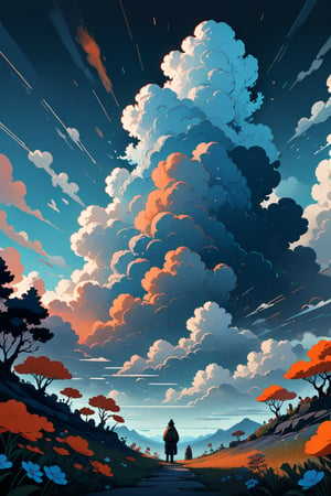Generate a high quality cinematic image, extreme detail, ultra definition, extreme realism, high quality lighting, 16k UHD, a vector illustration of a clouds blue and orange tones for a meditation application, lofi style in the style of Keith Negley,  Mike Mignola, Jon Klassen. with flowers and abstract elements around