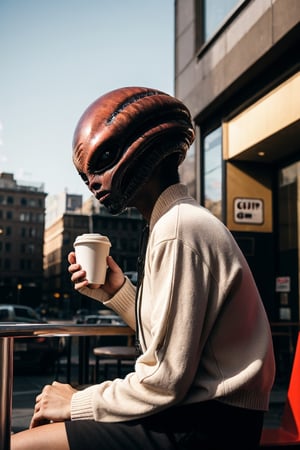 It generates a high-quality cinematic image, extreme details, ultra definition, extreme realism, high-quality lighting, 16k UHD, an alien sitting having a coffee in the middle of the city,gusto,wo_al1enCr3atur3s