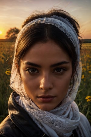 He creates a woman, like a masterpiece, """hyper realistic""", her features are perfect, her face is perfect,with very human texture and features big brown eyes with big eyelashes, small and perfect nose, big and full lips, her skin looks like porcelain, she has no flaws. She has a white transparent cloth scarf, with texture on her head and that covers part of her face, but shows her features, she has a fixed and penetrating gaze That you can see half of your body and your leather and face. ((it's in an outdoor environment like a field and it's getting dark)Dim light,REALISTIC,more saturation ,Masterpiece,sunset_scenery_background