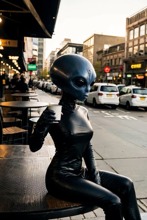 It generates a high-quality cinematic image, extreme details, ultra definition, extreme realism, high-quality lighting, 16k UHD, an alien sitting having a coffee in the middle of the city,gusto