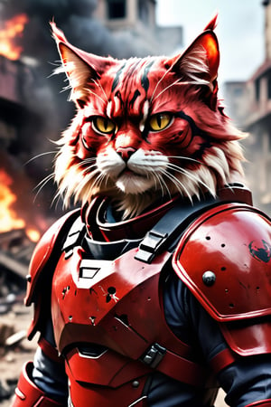 ((HYPER-REALIISTYC))
Create a human-sized cat, with furry texture and perfect details. The expression on his face is one of pain and fury.
He wears a dark red war suit, he is a fighter
He is in an open-air war context
Sunlight is little
Lots of chaos and destruction around
There is a battle,more detail XL