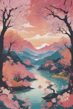 It creates a Chinese landscape, with mountains, lake, pink clouds in the sky, and a golden dragon among the clouds. Cherry trees on earth