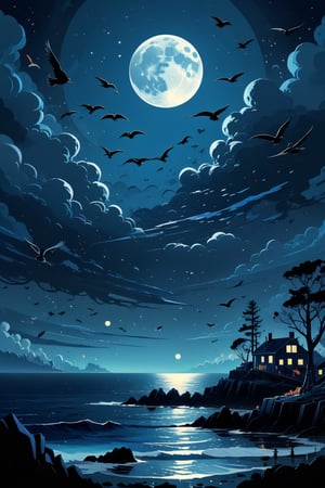 Generate a high quality cinematic image, extreme detail, ultra definition, extreme realism, high quality lighting, 16k UHD, a vector illustration of an image with abstract objects, night, moon clouds, birds, and ocean all abstract in blue tones in the style of Keith Negley, Mike Mignola, Jon Klassen.