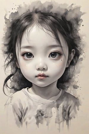 Create a white background with a penciled eye with thick, dark lines and your pupil is kind of melting,Drawing of a little girl ,chinese ink drawing,LegendDarkFantasy,T-shirt design