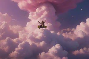It generates a high-quality cinematic image, extreme details, ultra definition, extreme realism, high-quality lighting, 16k UHD, a hippie-style yellow collective emerging from a pink-violet cloud in the sky, as if suspended in the air
