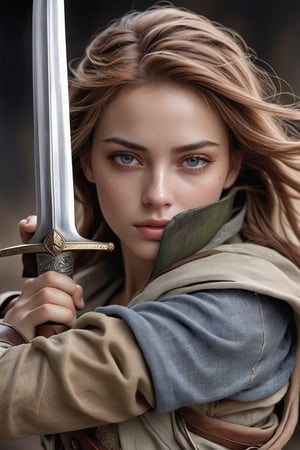 (HYPER-REALISTIC PHOTO) HE CREATES A WOMAN IN WAR CLOTHES, HER HAIR COLOR IS DARK, SHE HAS IT LOOSE AND MOVING, HER FACE IS BEAUTIFUL, SHE HAS A SWORD IN HER HAND (THE SUPER REALISTIC HAND WITH NO MISTAKES) SHE IS IN MOTION, WITH THE CAMERA ,style,photo r3al,real_booster,sad