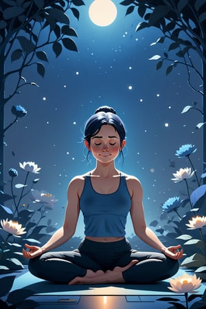 It generates a cinematic image of high quality, extreme detail, ultra definition, extreme realism, high quality lighting, 16k UHD, a vector illustration of a peaceful woman with a small smile doing yoga blue tones for a meditation application, lofi style in the style of Keith Negley, Mike Mignola, Jon Klassen. with flowers and abstract elements around