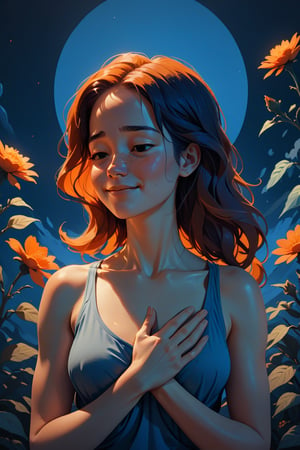 Generate a high quality cinematic image, extreme detail, ultra definition, extreme realism, high quality lighting, 16k UHD, a vector illustration of a woman at peace with a small smile with a hand on her chest as if breathing deep blue and orange tones for a meditation application, lofi style in the style of Keith Negley,  Mike Mignola, Jon Klassen. with flowers and abstract elements around