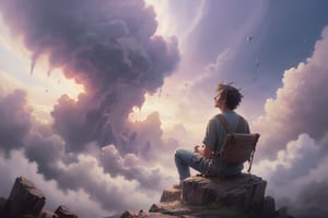 It generates a high-quality cinematic image, extreme details, ultra definition, extreme realism, high-quality lighting, 16k UHD, a person sitting hippie-style coming out of a violet cloud in the sky, as if suspended in the air, listening to music and looking at nothingness in profile