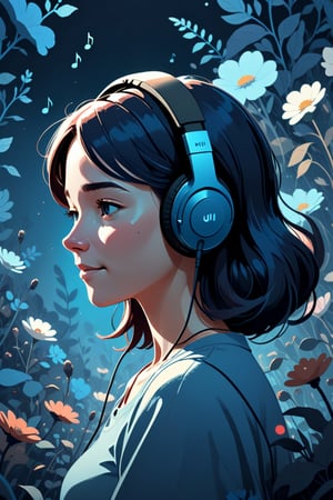 Generate a high quality cinematic image, extreme detail, ultra definition, extreme realism, high quality lighting, 16k UHD, a vector illustration of a peaceful woman with a small smile listening to music with headphones blue tones for a meditation app, lofi style in the style of Keith Negley, Mike Mignola, Jon Klassen. with flowers and abstract elements around