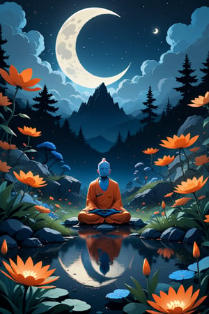 Generate a cinematic image of high quality, extreme detail, ultra definition, extreme realism, high quality lighting, 16k UHD, a vector illustration of a in zen mode, meditation-related and calm smiling blue and orange tones for a meditation but lofi style application in the style of Keith Negley, Mike Mignola, Jon Klassen. With flowers and abstract elements around, it's night and you can see the moon There are clouds