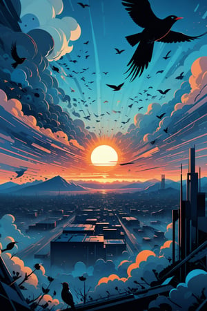 Generate a high quality cinematic image, extreme detail, ultra definition, extreme realism, high quality lighting, 16k UHD, a vector illustration of an image with abstract objects, sunrise, clouds, birds, all abstract in blue tones in the style of Keith Negley, Mike Mignola, Jon Klassen.