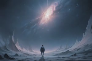 It generates a cinematic image of high quality, extreme details, ultra definition, extreme realism, high quality lighting, 16k UHD, a traveler, walking down a street, in the middle of outer space, with stars and planets around him, the environment is a mixture of blues, pinks and light blue