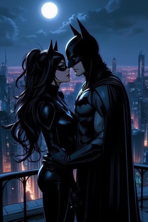 Generate a highly detailed, ultra-high-definition (16K UHD) comic book illustration of Catwoman (Selina Kyle) and Batman (Bruce Wayne) standing together on the rooftop of a Gotham City building at night. The two are facing each other, locked in an intense, romantic gaze, their love and tension palpable. Catwoman, in her sleek black leather catsuit with her mask on, has a confident yet tender expression. Batman, in his iconic dark suit and cape, stands strong and protective. The moonlight softly illuminates their faces, while the distant Gotham skyline and glowing city lights form the backdrop. The rooftop is dimly lit, and their silhouettes stand out dramatically against the night sky. The art style is influenced by modern comic artists like Clay Mann and Jim Lee, focusing on strong, clean lines, expressive body language, and dynamic, atmospheric lighting. The mood is a mix of romance and mystery, with an epic, cinematic feel.