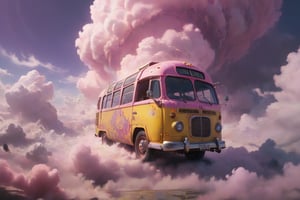 It generates a high-quality cinematic image, extreme details, ultra definition, extreme realism, high-quality lighting, 16k UHD, a yellow hippie-style bus coming out of a pink-violet cloud in the sky, as if suspended in the air