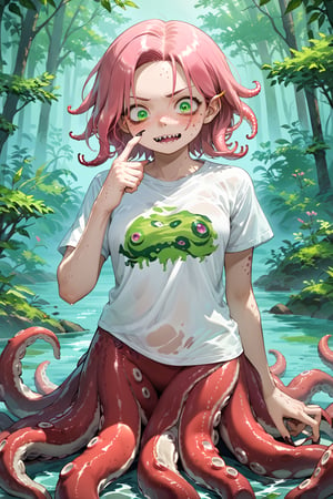 score_9, score_8_up, score_7_up, source_anime, (gloomy swamp:1.2), (marsh flowers:1.2), octopus girl, blushing, freckles, green eyes, (pink hair:1.2), monster girl, crazy face, (octopus body:1.4), emerging from the water, silky pastel t-shirt, claws, pointing finger