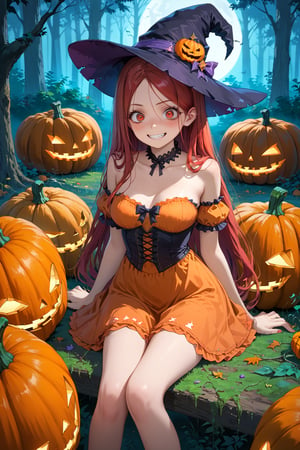 score_9, score_8_up, score_7_up, source_anime, masterpiece, gloomy and sinister halloween scenery, fantasy forest, giant pumpkins with evil luminous face, cute witch, red hair, red eyes, blushing, freckles, dark and orange two-tones sorceress dress, sorceress hat, halloween outfit, crazy face, sadistic smile, (sitting on a giant huge pumpkin:1.4)