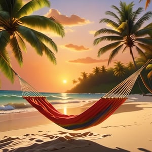 A serene tropical scene unfolds as a treble staff lies leisurely in a hammock, gently swaying in the warm breeze. The golden hues of sunset filter through the palm fronds, casting a warm glow. A tropical drink rests precariously on the side table, its colorful umbrella a pop of vibrancy amidst the tranquil atmosphere, photograph, realistic trees and sunset, red sun on horizon, no people, photo realistic